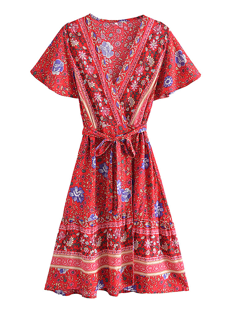 Green Wild Floral Boho Wrap Mini Dress – Deep V-Neck Short Sleeve Rayon Sundress