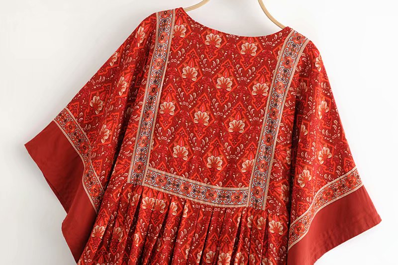 Women’s Bohemian Floral Mini Dress – Summer Beach Loose Fit O-Neck Dress with Sash | Batwing Sleeve Boho Vacation Dress
