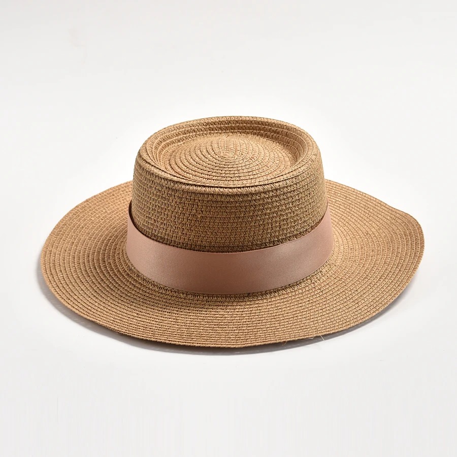 Elegant Straw Sun Hat for Women – Flat Top Design with Bow | Summer Travel Beach Hat – Madozo