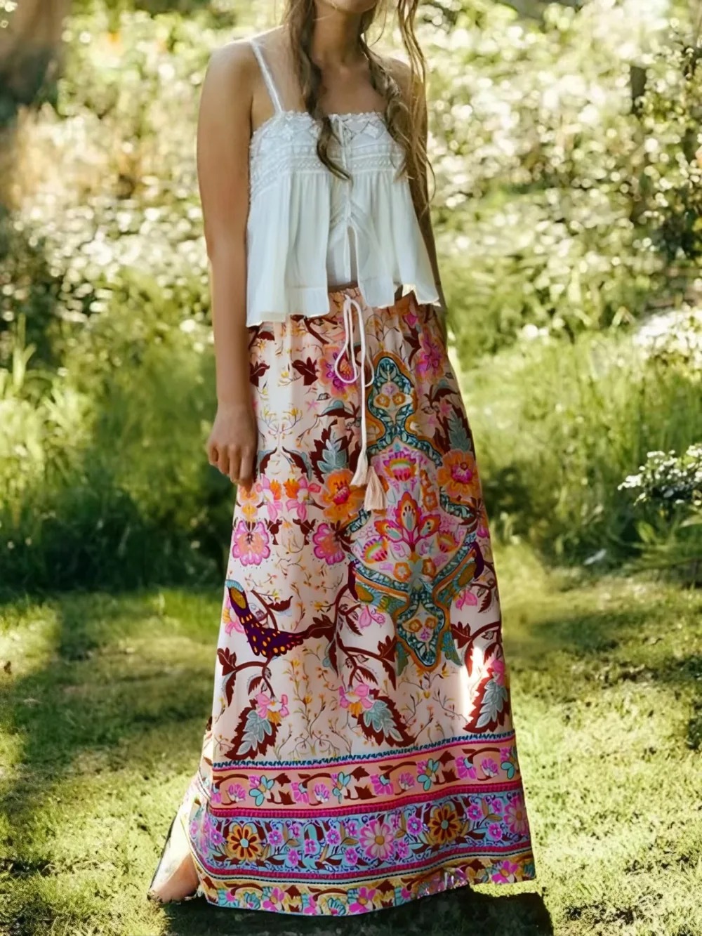 Madozo Women’s Floral Peacock Print Boho Maxi Skirt – Tassel A-Line Beach Skirt