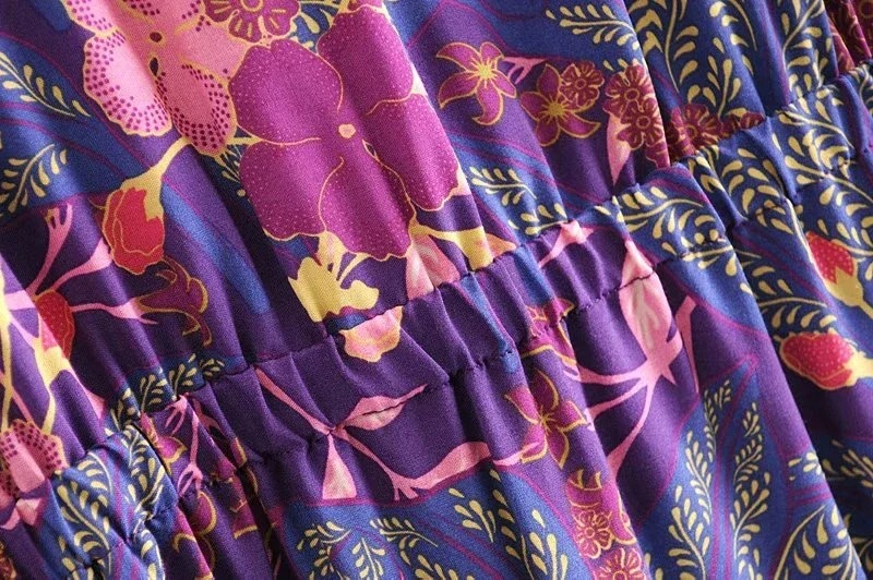 Bohemian Purple Floral Mini Dress – Long Sleeve V-Neck Rayon Sundress