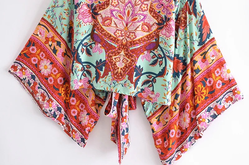 Floral Boho Kimono Cover-Up – V-Neck Batwing Sleeve Beach Robe