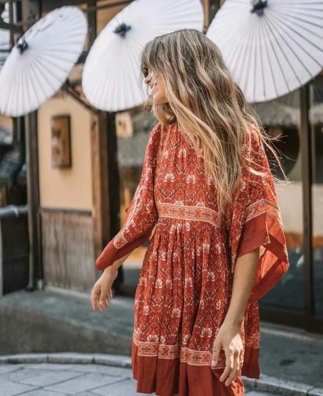Women’s Bohemian Floral Mini Dress – Summer Beach Loose Fit O-Neck Dress with Sash | Batwing Sleeve Boho Vacation Dress