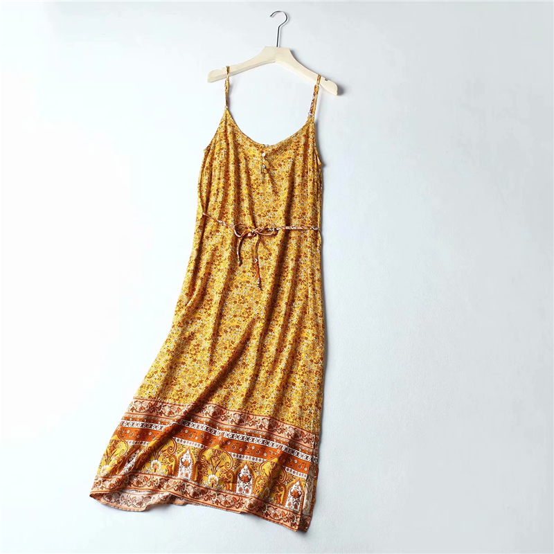 Floral Boho Spaghetti Strap Midi Dress – Sleeveless Rayon Summer Beach Dress for Women