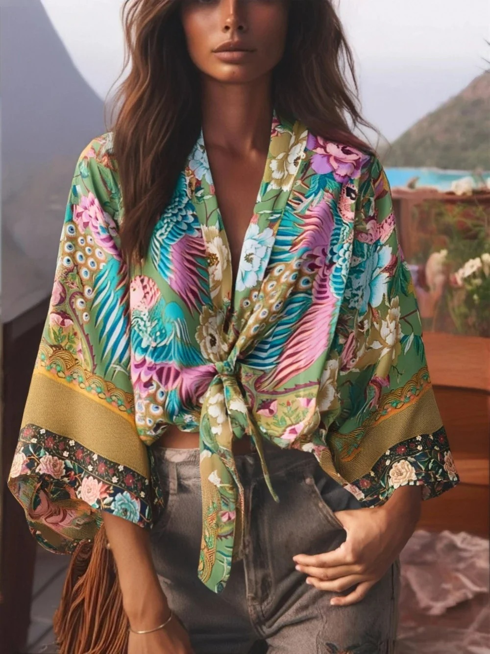 Floral Boho Kimono Cover-Up – V-Neck Batwing Sleeve Beach Robe