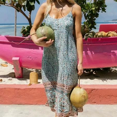 Floral Boho Spaghetti Strap Midi Dress – Sleeveless Rayon Summer Beach Dress for Women