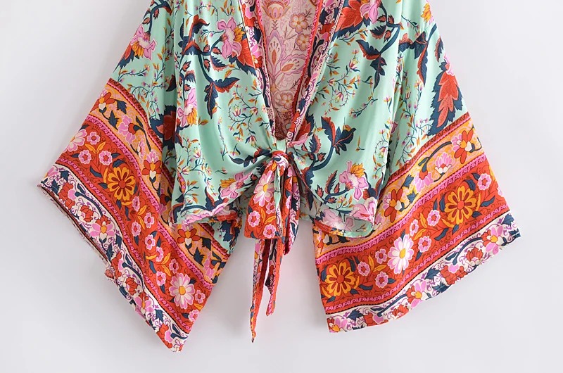 Floral Boho Kimono Cover-Up – V-Neck Batwing Sleeve Beach Robe