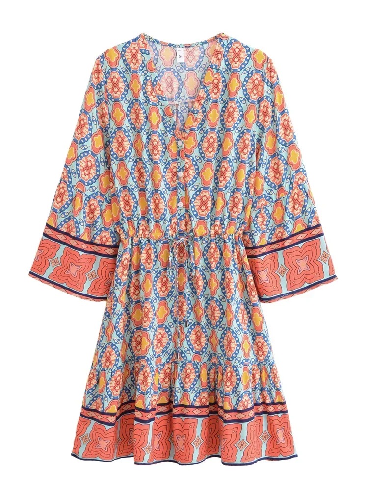 Bohemian Geometry Print Mini Dress – Flare Sleeve Summer Beach Boho Dress for Women