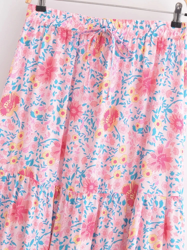 Madozo Women’s Pink Floral Boho Maxi Skirt – High Waist A-Line Beach Skirt