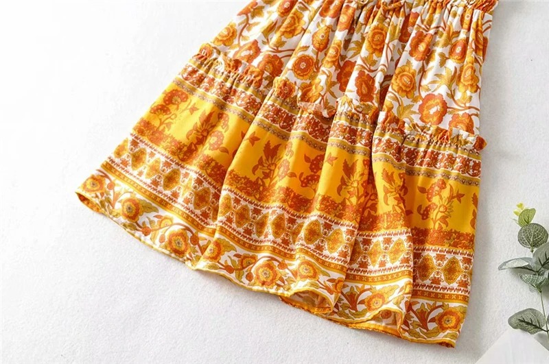 Madozo Women’s Boho Floral Mini Skirt – Orange Tassel Print High Waist Rayon Cotton Skirt