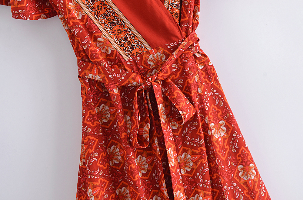 Boho Hippie Floral Wrap Mini Dress – V-Neck Sashes Summer Short Sleeve Dress