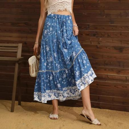Madozo Women's Floral Pleated Maxi Skirt - Summer Elastic Waist Bohemian Beach A-Line Skirt (S-XL)