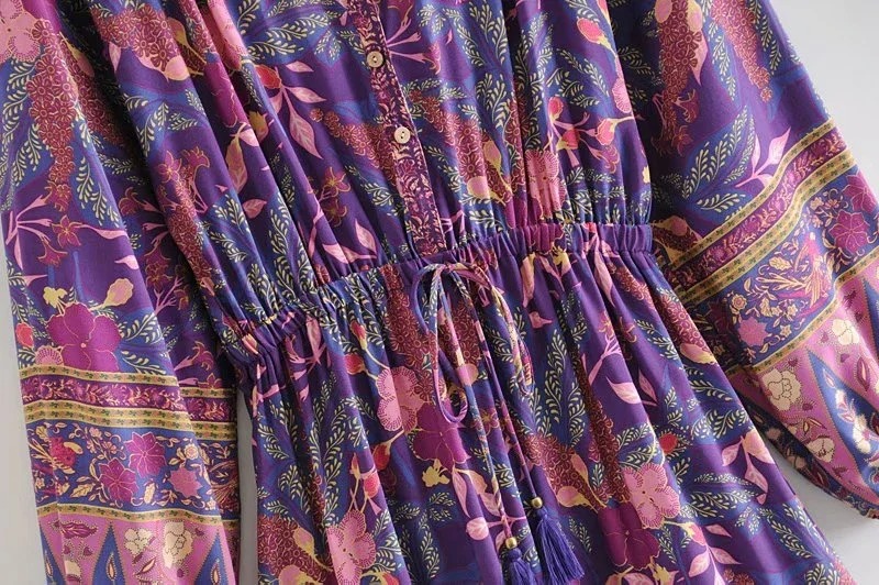 Bohemian Purple Floral Mini Dress – Long Sleeve V-Neck Rayon Sundress
