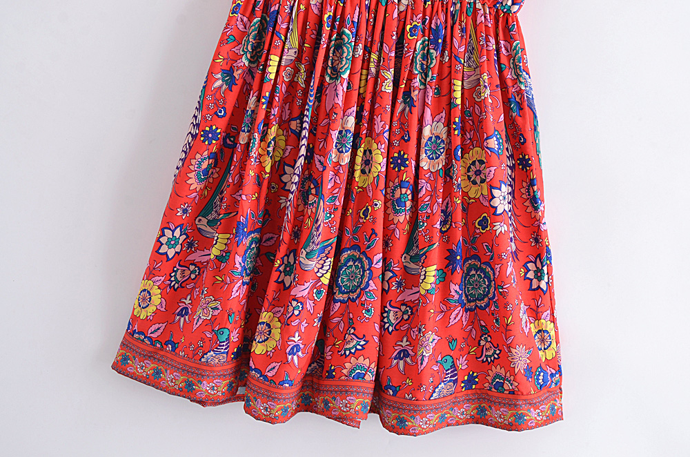 Bohemian Red Peacock Floral Mini Dress – V-Neck Tassel Summer Dress