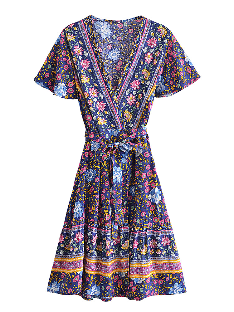 Green Wild Floral Boho Wrap Mini Dress – Deep V-Neck Short Sleeve Rayon Sundress
