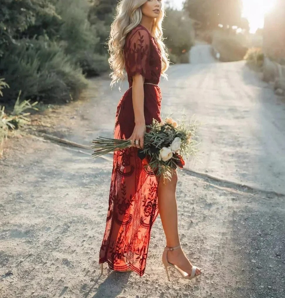 Bohemian Lace V-Neck Maxi Dress – Beach Wedding Bridesmaid Summer Dress