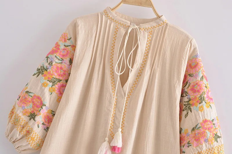 Bohemian Linen Cotton Mini Dress – V-Neck Floral Print Summer Beach Dress for Women
