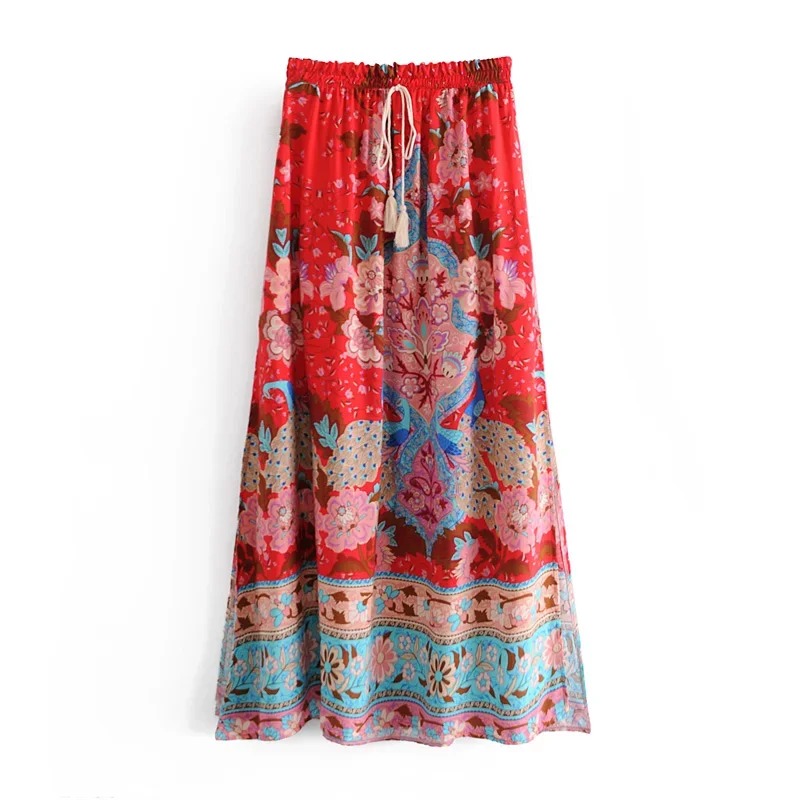 Madozo Women’s Floral Peacock Print Boho Maxi Skirt – Tassel A-Line Beach Skirt
