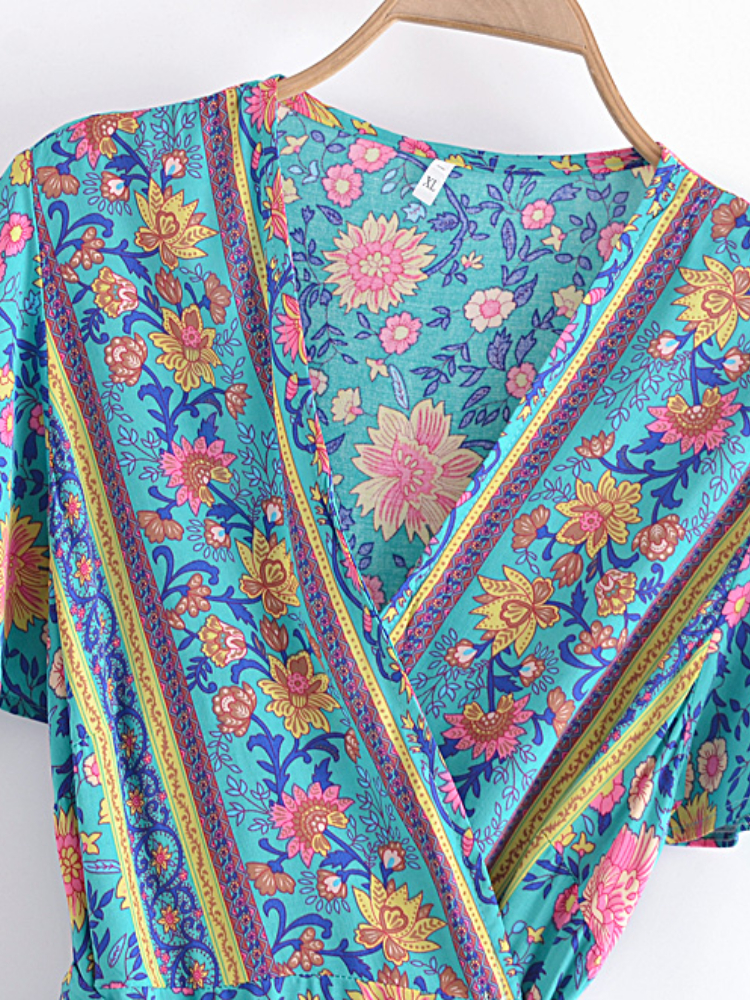 Green Wild Floral Boho Wrap Mini Dress – Deep V-Neck Short Sleeve Rayon Sundress