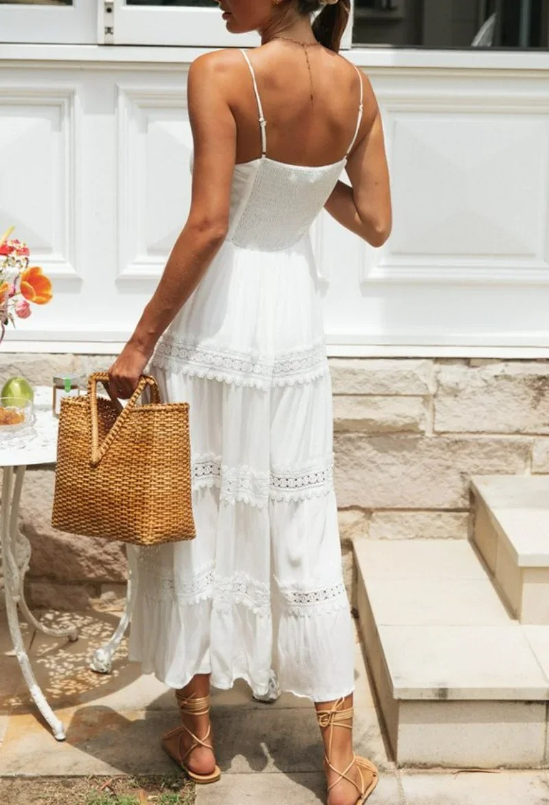 Madozo Women’s White Lace Strapless Boho Maxi Dress – Beach Sleeveless V-Neck Summer Dress