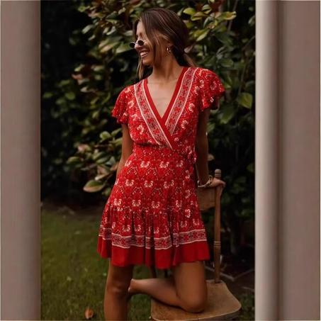 Boho Hippie Floral Wrap Mini Dress – V-Neck Sashes Summer Short Sleeve Dress