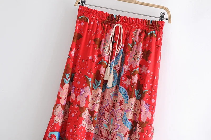 Madozo Women’s Floral Peacock Print Boho Maxi Skirt – Tassel A-Line Beach Skirt