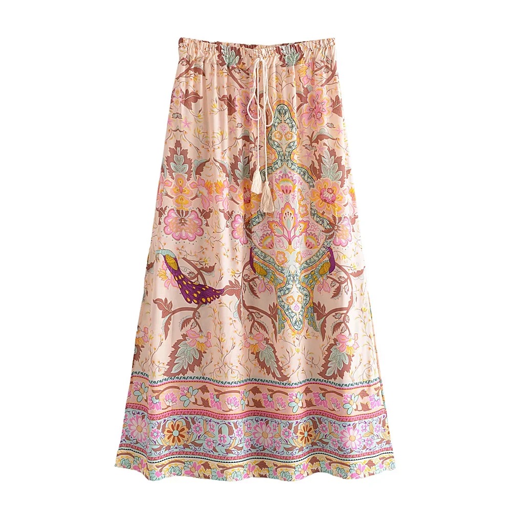 Madozo Women’s Floral Peacock Print Boho Maxi Skirt – Tassel A-Line Beach Skirt