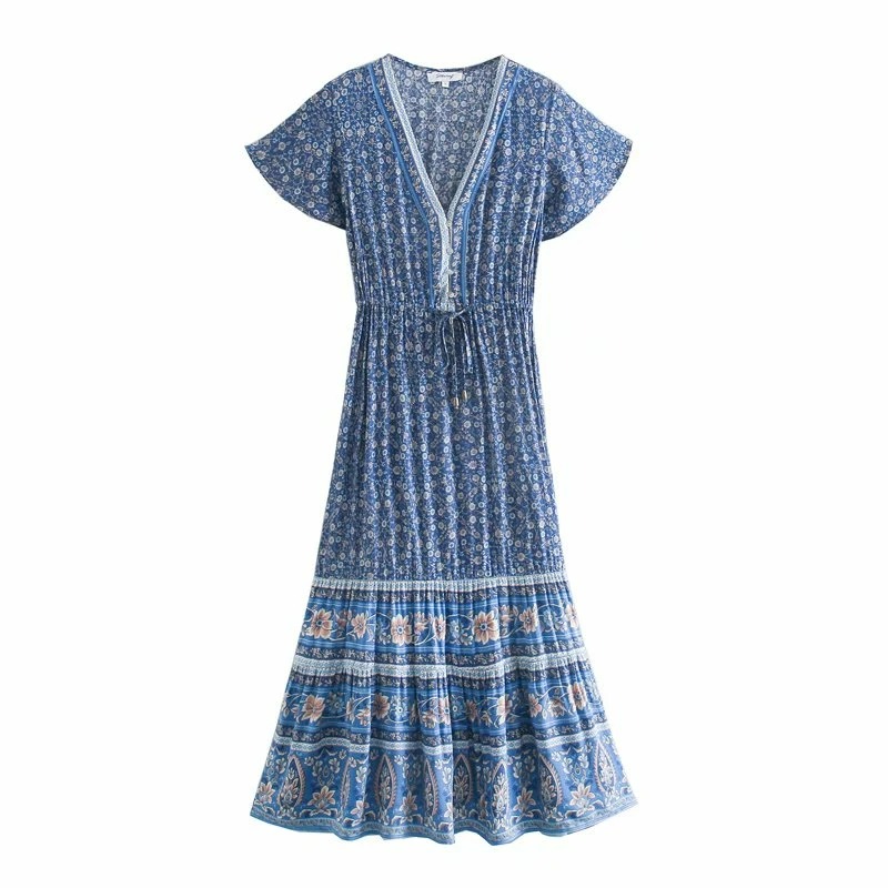 Bohemian Floral Maxi Dress – Deep V-Neck Beach Dress with Tassels | Summer Pleated Boho Vestido