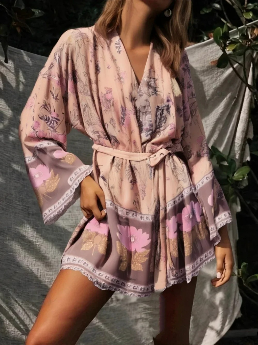 Boho Floral Kimono Cover-Up Dress – V-Neck Bat Sleeve Beach Robe