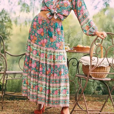 Bohemian Floral Print Long Skirt – Ruffle Hem & Tassel Waist | Hippie Summer Swing Skirt for Women – Madozo