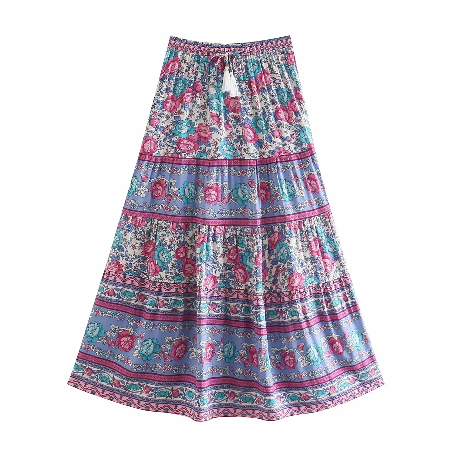 Bohemian Floral Print Long Skirt – Ruffle Hem & Tassel Waist | Hippie Summer Swing Skirt for Women – Madozo