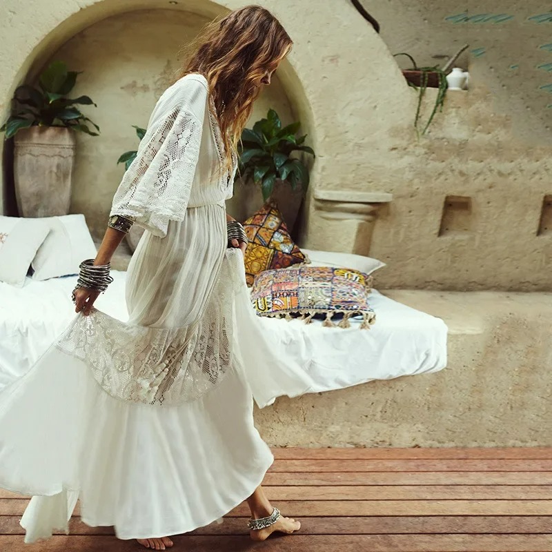 White Lace Boho Maxi Dress – Beach Cover-Up & Summer Dinner Sundress | Madozo