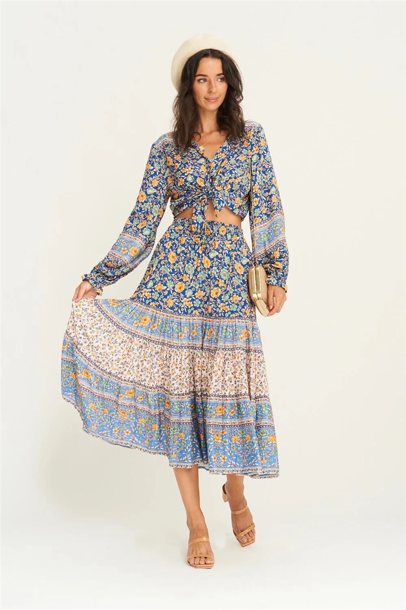 Blue Floral Boho Maxi Skirt – High Waist A-Line Summer Skirt for Women
