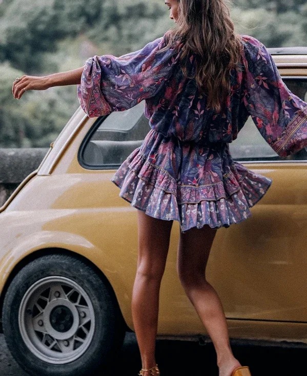 Bohemian Purple Floral Mini Dress – Long Sleeve V-Neck Rayon Sundress