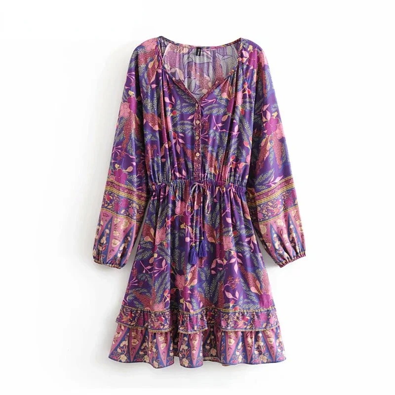 Bohemian Purple Floral Mini Dress – Long Sleeve V-Neck Rayon Sundress