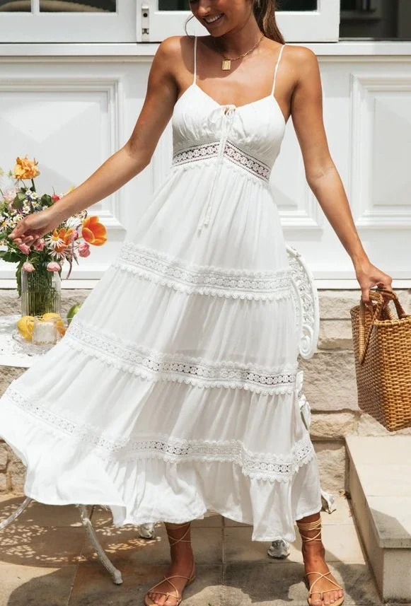 Madozo Women’s White Lace Strapless Boho Maxi Dress – Beach Sleeveless V-Neck Summer Dress
