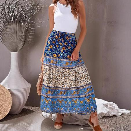 Blue Floral Boho Maxi Skirt – High Waist A-Line Summer Skirt for Women