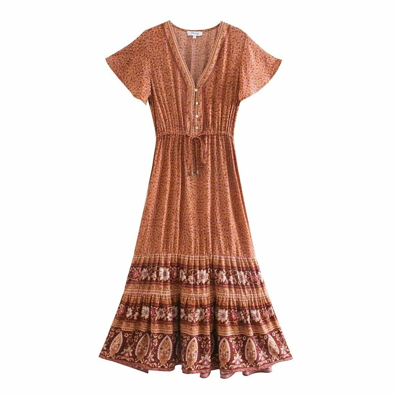Bohemian Floral Maxi Dress – Deep V-Neck Beach Dress with Tassels | Summer Pleated Boho Vestido