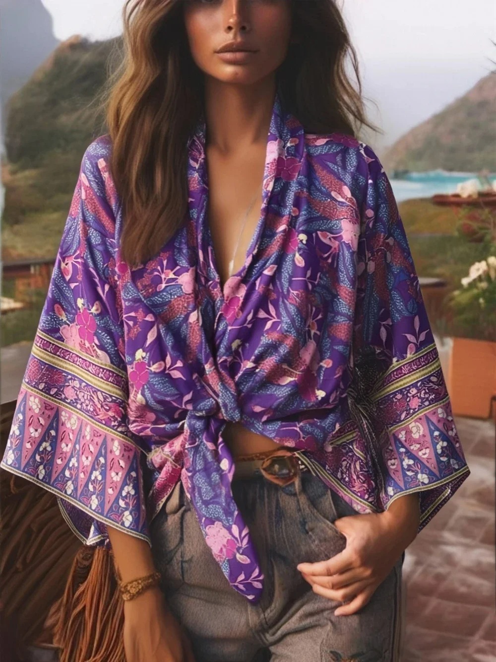 Floral Boho Kimono Cover-Up – V-Neck Batwing Sleeve Beach Robe