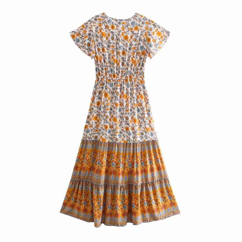 Madozo Women’s Floral Bohemian Maxi Dress – V Neck Pleated Rayon Beach Dress with Tassels