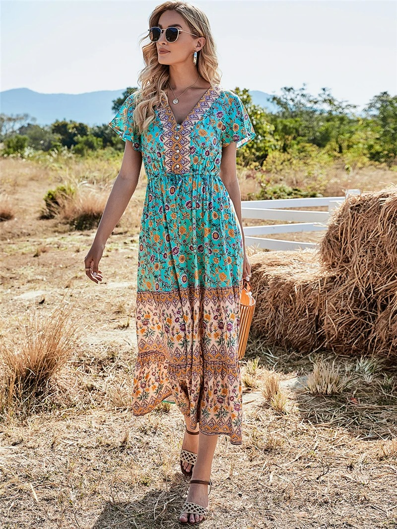 Madozo Women’s Floral Bohemian Maxi Dress – V Neck Pleated Rayon Beach Dress with Tassels