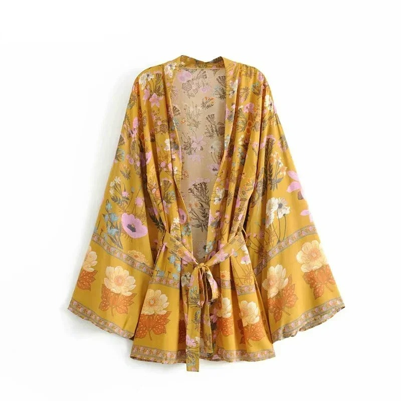 Boho Floral Kimono Cover-Up Dress – V-Neck Bat Sleeve Beach Robe
