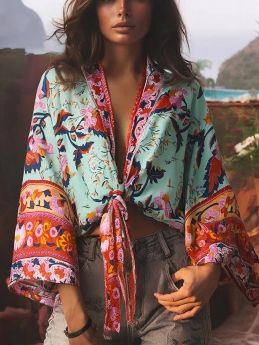 Floral Boho Kimono Cover-Up – V-Neck Batwing Sleeve Beach Robe