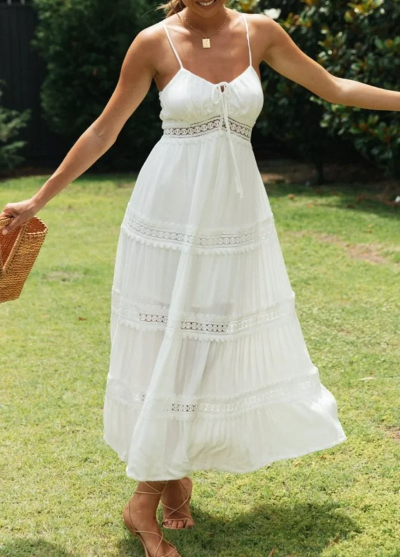 Madozo Women’s White Lace Strapless Boho Maxi Dress – Beach Sleeveless V-Neck Summer Dress