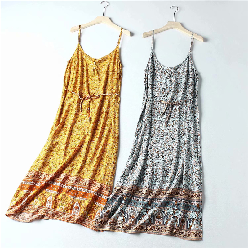 Floral Boho Spaghetti Strap Midi Dress – Sleeveless Rayon Summer Beach Dress for Women