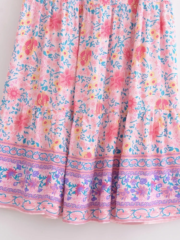 Madozo Women’s Pink Floral Boho Maxi Skirt – High Waist A-Line Beach Skirt