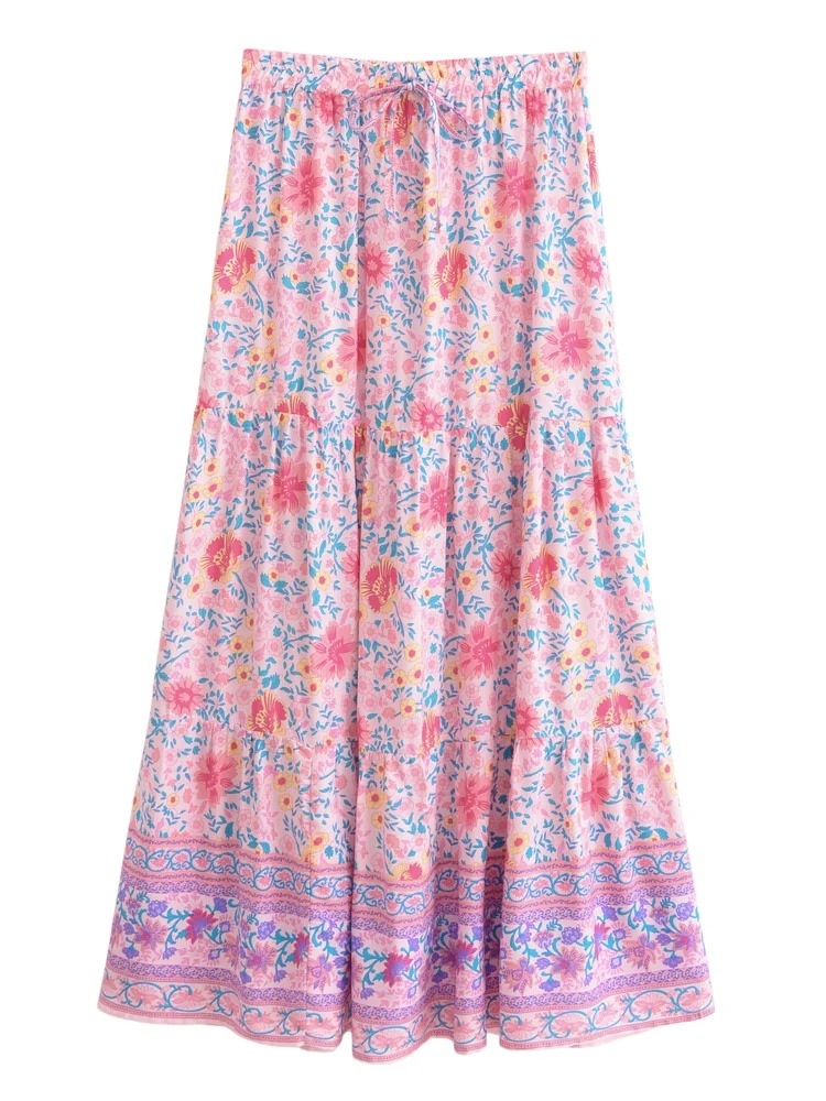 Madozo Women’s Pink Floral Boho Maxi Skirt – High Waist A-Line Beach Skirt
