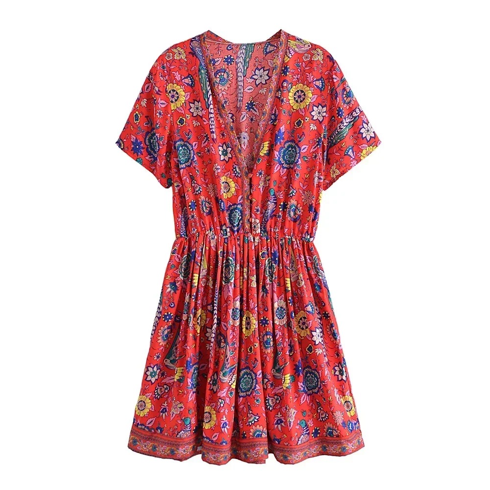Bohemian Red Peacock Floral Mini Dress – V-Neck Tassel Summer Dress