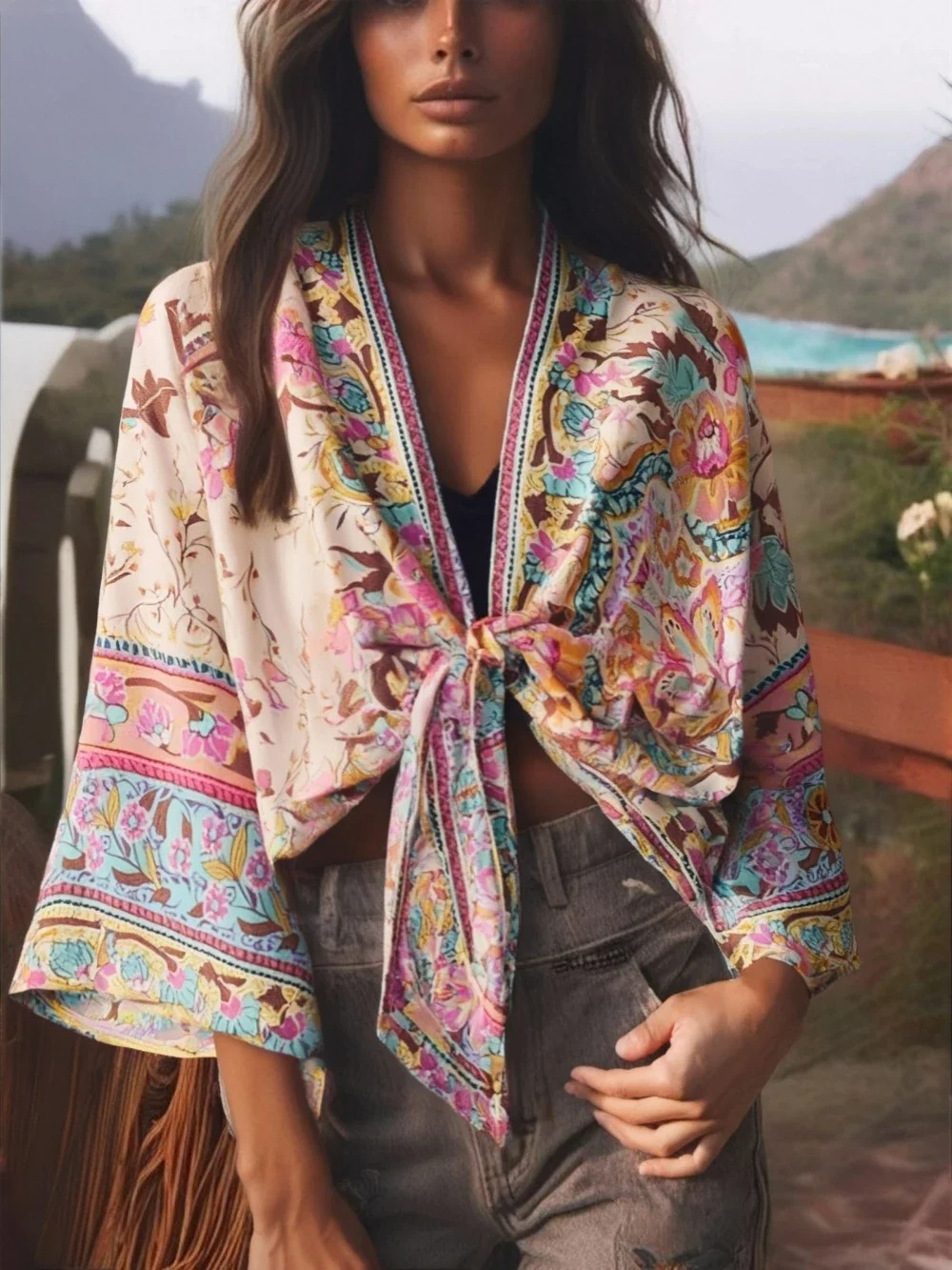Floral Boho Kimono Cover-Up – V-Neck Batwing Sleeve Beach Robe