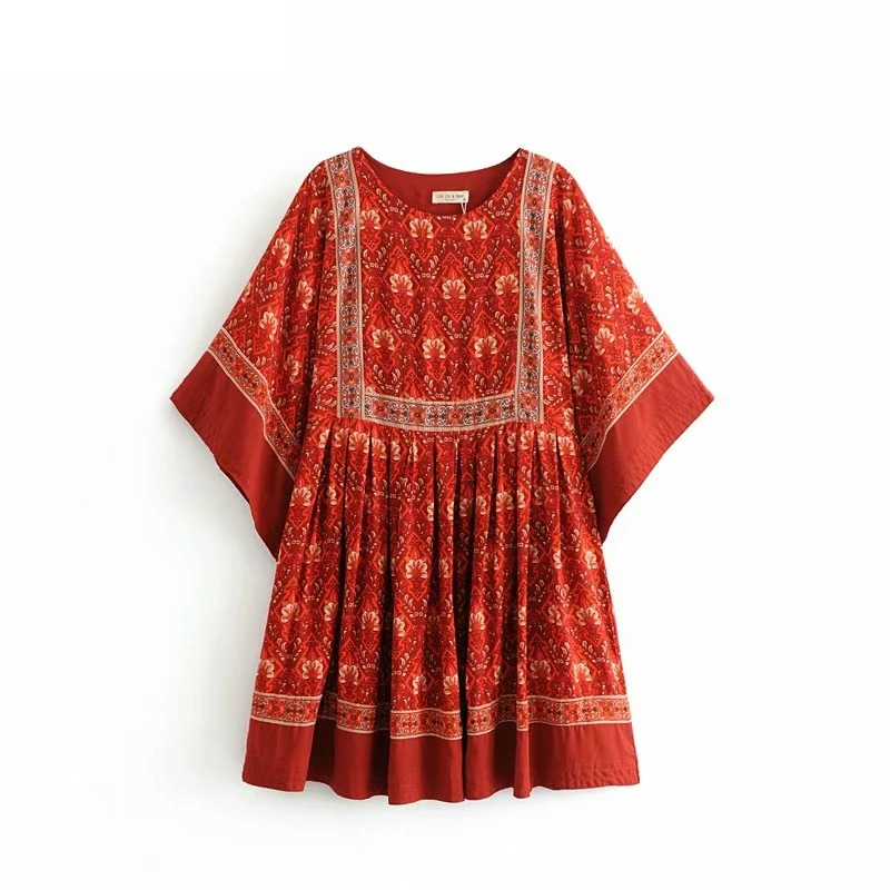 Women’s Bohemian Floral Mini Dress – Summer Beach Loose Fit O-Neck Dress with Sash | Batwing Sleeve Boho Vacation Dress